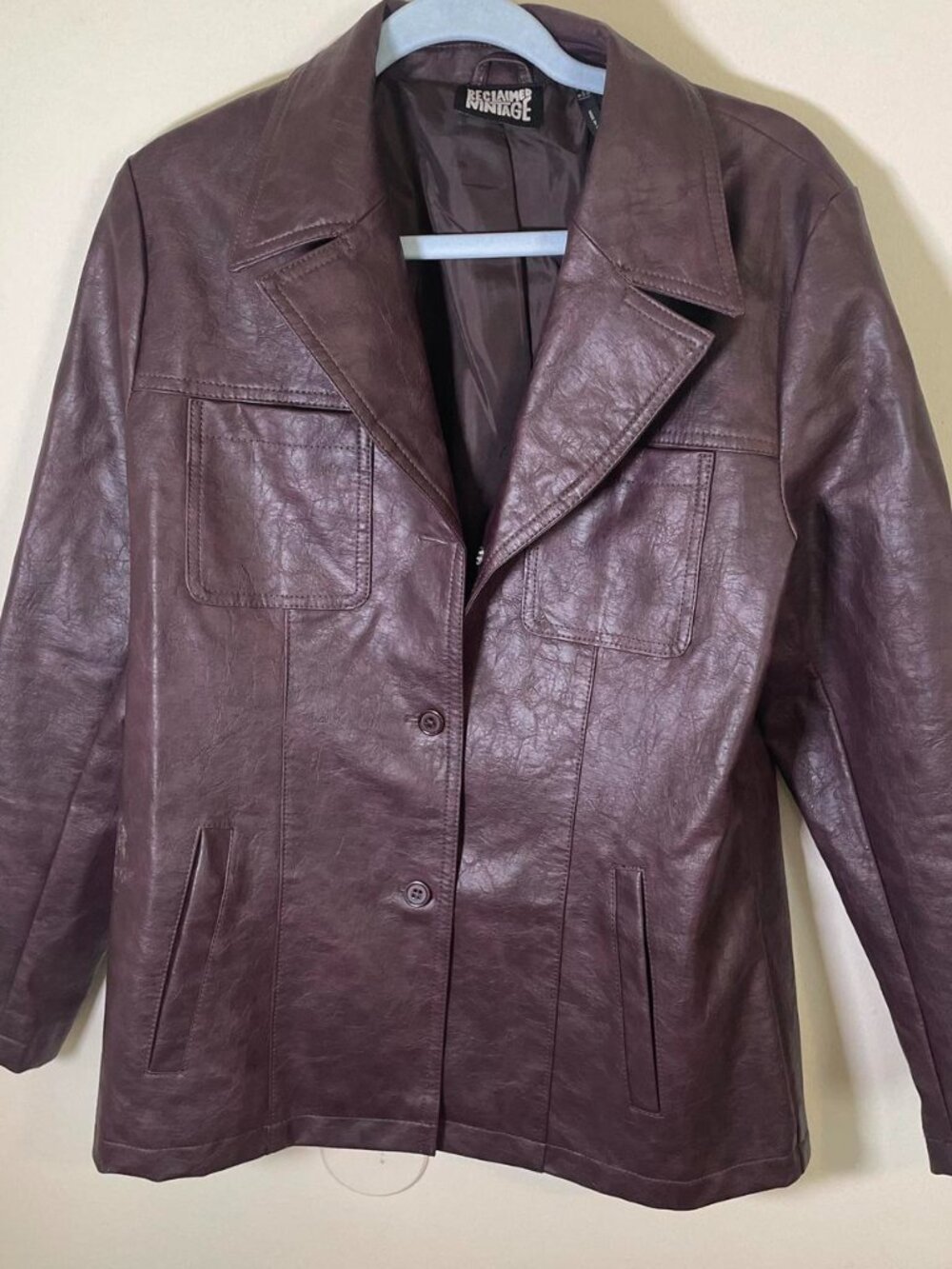Reclaimed Vintage Deep Purple Faux Leather Jacket with Collar
